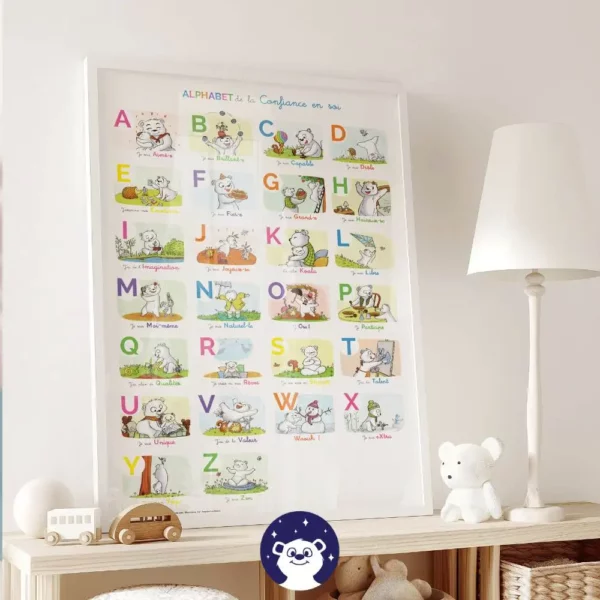 Poster alphabet enfant coloré pour apprendre les lettres en s'amusant - décoration ludique et éducative pour la chambre d'enfant.