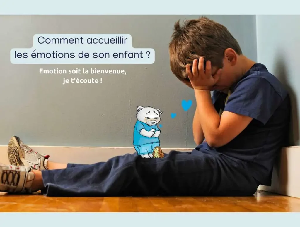 Un enfant triste assis sur le sol, regardant pensivement devant lui. À côté de lui, les petits oursons émotions de Kanda, représentant la tristesse, l’entourent avec tendresse, envoyant des ondes d’amour et de réconfort. Cette image illustre l’importance d'accueillir les émotions des enfants et de leur offrir du soutien dans les moments difficiles.