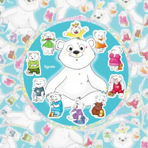 Sticker pailleté de l'ours en peluche KANDA entouré de 10 icônes représentant différentes émotions colorées.